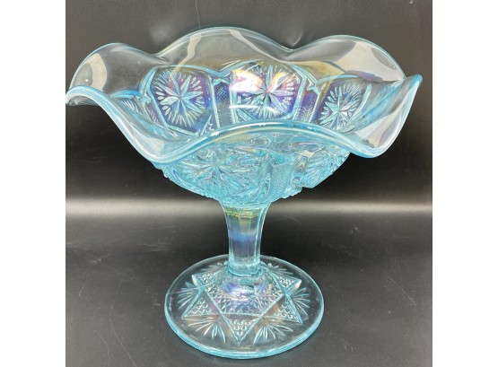 Imperial Glass Compote In Blue Carnival Glass