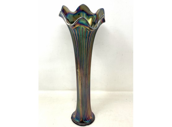 Fenton Fine Rib Carnival Glass Vase Iridized Cobalt 11'