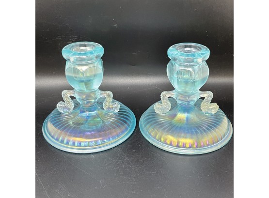 Opalescent Glass Dolphin Candlestick Holders