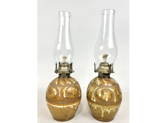 Pair Of Signed Art Pottery Oil Lamps