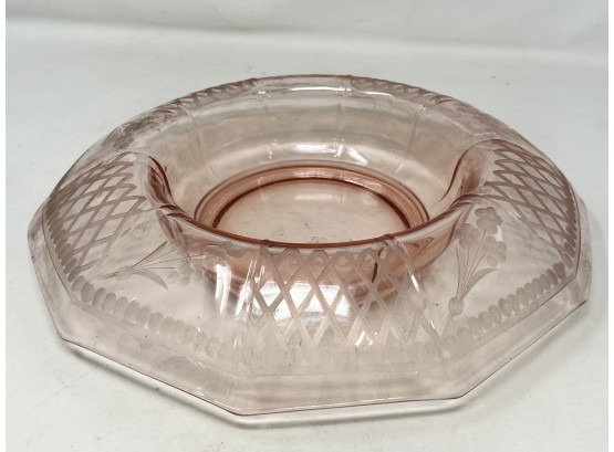 Rolled Edge Depression Glass Console Bowl Etched Floral