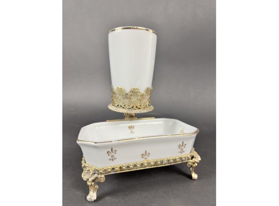 Beautiful Brass Stand With Porcelain Cup And Dish