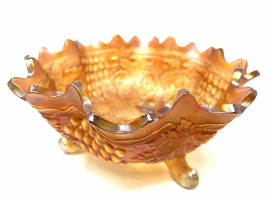 Antique Northwood Marigold Stippled Grape And Cable Carnival Glass Fruit Bowl