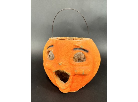 VINTAGE Paper Mache Jack O' Lantern Pumpkin W/ Handle 7' Halloween