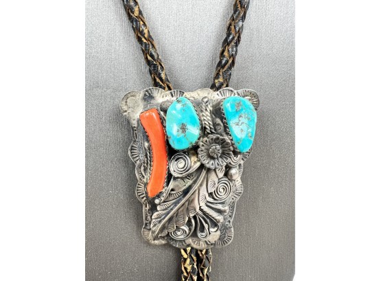 Native American Turquoise And Sterling Bolo Tie