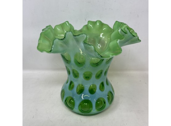 Fenton Green Coin Dot Ruffle Vase