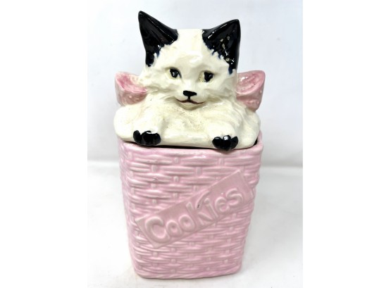 Vintage McCoy Pottery Pink And White Cat Basketweave Cookie Jar