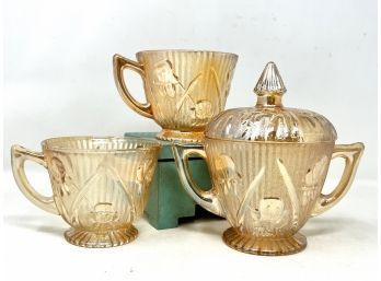 Antique Iris And Herringbone Marigold Carnival Glass Sugar Bowl And Mugs