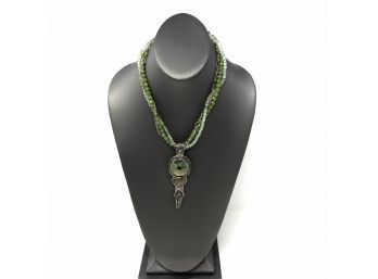 Signed Sterling Silver Necklace With Bezel Set Opals, Moss Agate, And Carved Peridot Gemstone Pendant