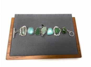 Signed Artisan Sterling Silver Toggle Clasp Bracelet  W Turquoise, Green Drusy, And Carved Jade Stones