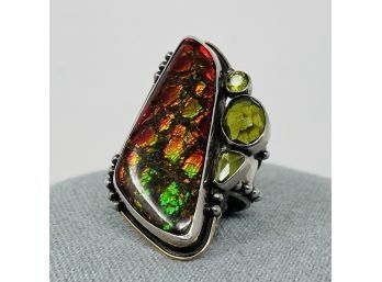 Sterling Ring With Ethiopian Honeycomb Opal With Peridot Sz. 7.75