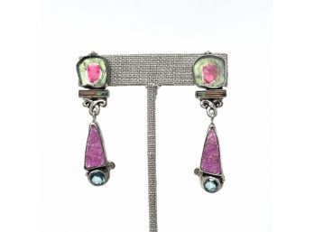 Artisan Signed Sterling Silver Post Earrings W Pink Drusy, Watermelon Tourmaline, And Blue Topaz Gemstones