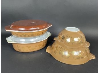 Vintage Pyrex Brown And Gold Early America Cinderella Bowls And Casseroles