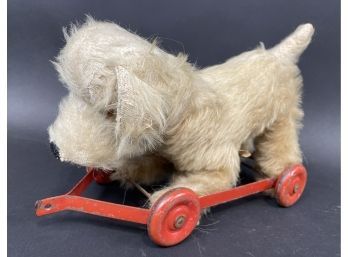 Vintage Terrier Dog Pull Toy On Metal Wheels Marked Chiltern Made In England