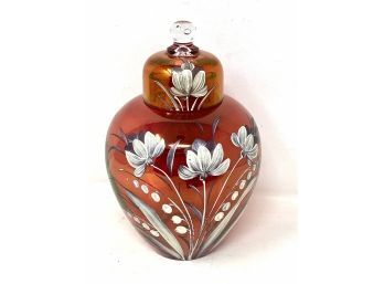 Vintage Cranberry Glass Hand Painted Covered Ginger Jar - Opalescent