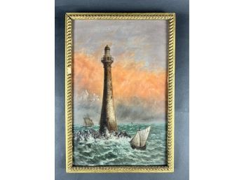 Antique Oil On Board Of Lighthouse And Ship