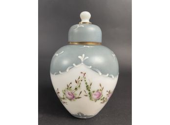 Consolidated Glass Co. Milk Glass Ginger Jar With Charleton Blue Mist And Roses