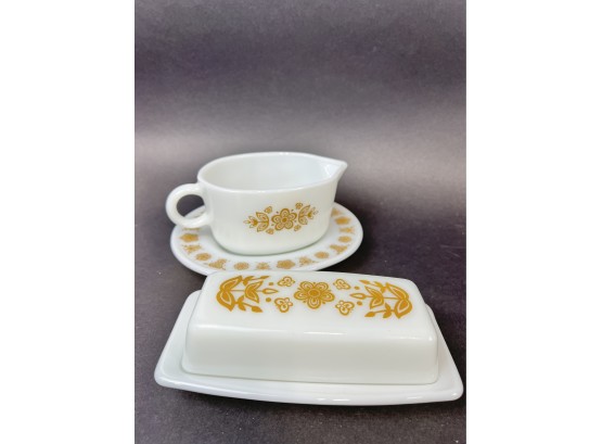 Vintage Pyrex Butterfly Gold Gravy Boat And Butter Dish