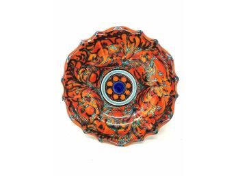 Majolica Pottery Wall Plate In Vibrant Orange And Blue Pattern