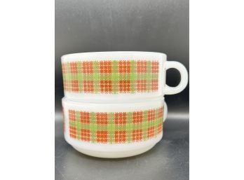 Vintage Glasbake Soup Cups Plaid Pattern