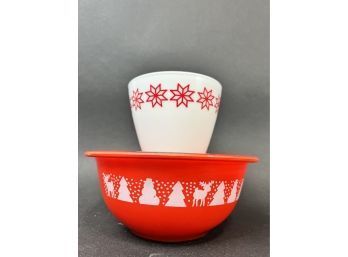 Vintage Holiday Corning Red Bowl With Milk Glass Snowflake Bowl