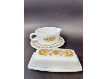 Vintage Pyrex Butterfly Gold Gravy Boat And Butter Dish