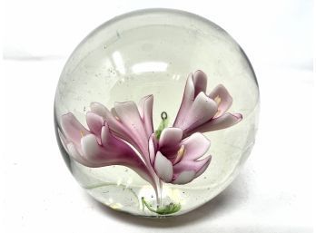 Vintage Glass Paperweight - Purple Flowers