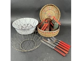 Collection Of Antiques & Primitives Basket, Spools, Bakelite And More