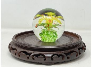 Vintage Glass Paperweight - Yellow And Green Flower