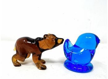 Glass Animal Figures Blue Bird And Bear Hand Blown