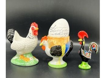 Collection Of Egg Cups And Painted Metal Rooster