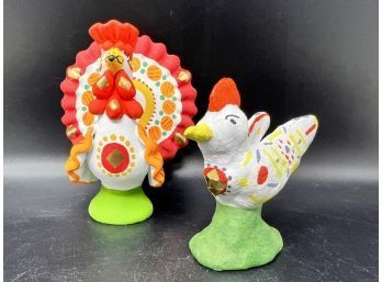 Vintage Decorative Painted Figures Lot - Turkey And Rooster