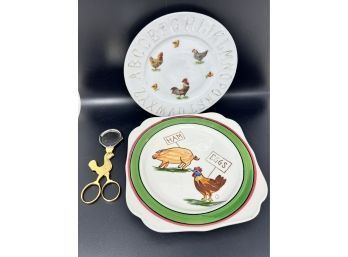 Lot Of Vintage Chicken Decorated Plates And Egg Scissors