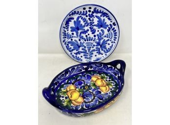 Pair Of Talavera Hand Painted Pottery Pieces