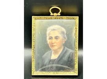 Incredible Signed Celluloid Portrait Miniature In Brass Frame