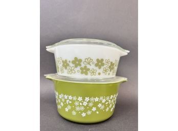 Vintage Pyrex Spring Blossom Crazy Daisy Casserole Dishes Olive Green