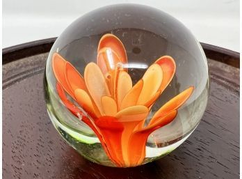 Vintage Glass Paperweight - Orange Flower