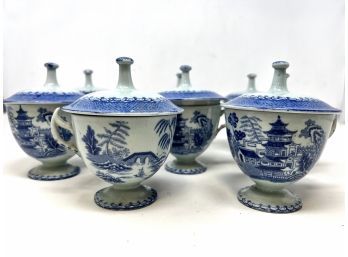 Collection Of Covered Porcelain Asian Decorated Teacups Blue Willow