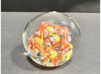 Glass Paperweight With Orange And Yellow Swirl Flowers