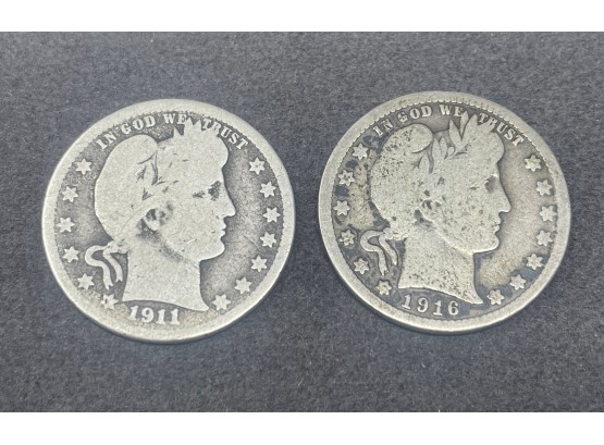 Lot Of 2 Barber Quarters 1911 1916 Silver