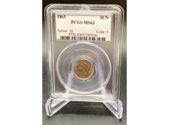 1865 3 Cent Piece Graded MS63