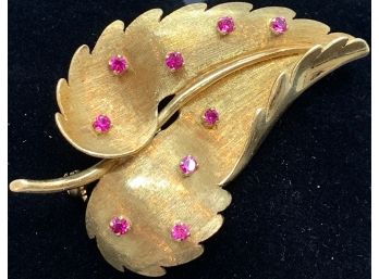 18K Gold And Ruby Leaf Pin