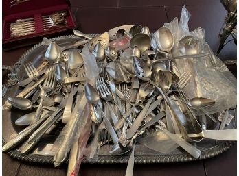 Vintage Silverplate Lot With Flatware, Tray And Pitcher