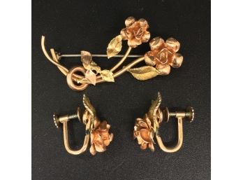 3 Piece Set Gold Fill GF Screw Back Earrings And Pin Brooch Roses