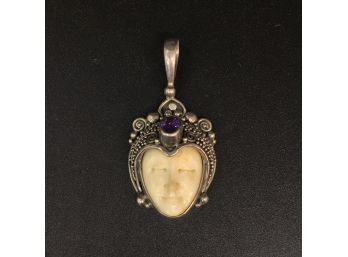 Sterling Silver Carved Face Pendant W/ Amethyst