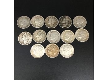 Lot Of 15 Silver Roosevelt & Mercury Dimes