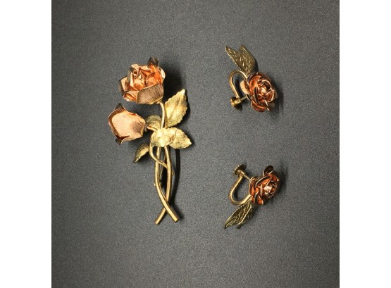 Gold Fill Rose Earring And Brooch Set