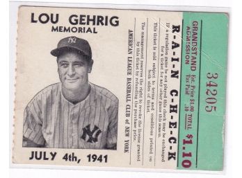 Lou Gehrig Memorial Day Ticket Stub July 4th 1941