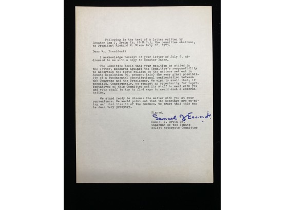 Samuel J. Ervin Jr. Signed Letter
