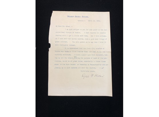 George Frisbee Hoar Signed Letter